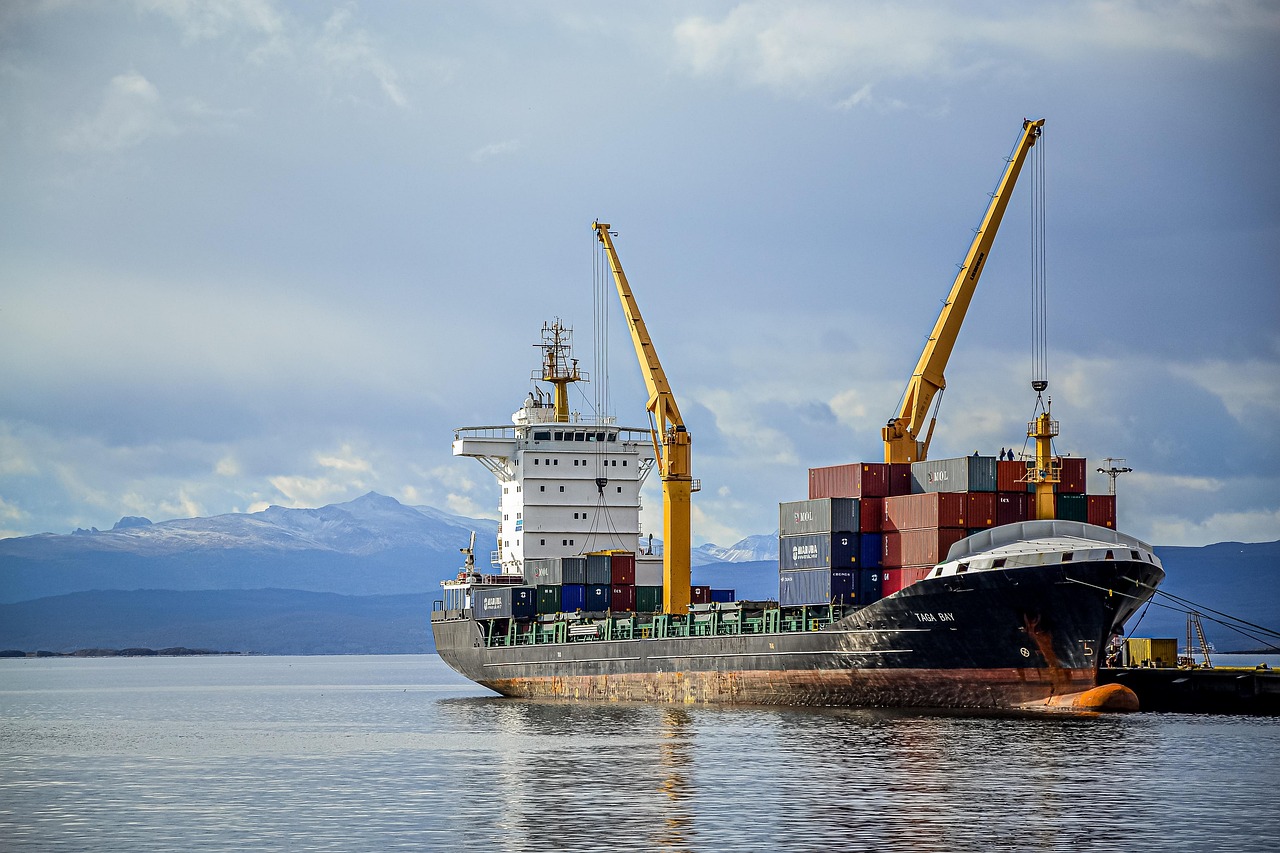 Cargo ship loading containers at port